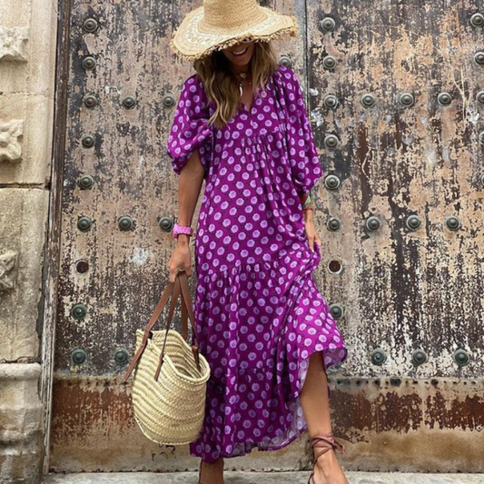 Anna - Długa sukienka w stylu boho z bufiastymi rękawami
